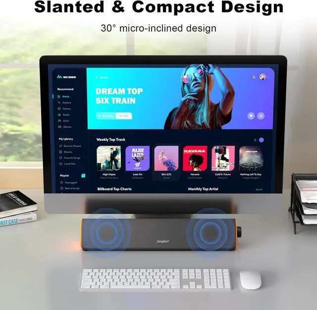 Alt view image 6 of 7 - R50 Bluetooth Computer Speakers, 3.5mm PC Sound Bar for Desktop Monitor, Wired USB Powered & Colorful LED Lights with Switch Button, Surround Sound Soundbar PC Spearkers for Computer