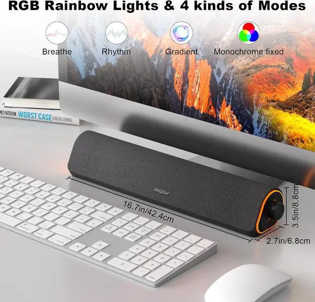 Alt view image 5 of 7 - R50 Bluetooth Computer Speakers, 3.5mm PC Sound Bar for Desktop Monitor, Wired USB Powered & Colorful LED Lights with Switch Button, Surround Sound Soundbar PC Spearkers for Computer