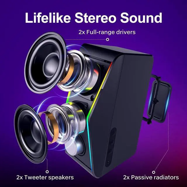 Alt view image 2 of 6 - Computer Speakers, Bluetooth 5.0 Hi-Fi Stereo PC Speakers, 4 Dynamic Lighting Modes, AC Adapter Powered and 3.5mm AUX-in Computer Speakers for Desktop PC, Monitor, Laptop, Tablet, Phone