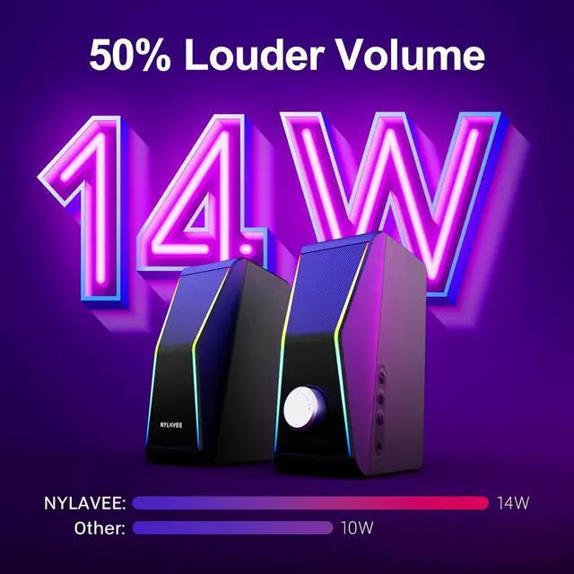 Alt view image 3 of 6 - Computer Speakers, Bluetooth 5.0 Hi-Fi Stereo PC Speakers, 4 Dynamic Lighting Modes, AC Adapter Powered and 3.5mm AUX-in Computer Speakers for Desktop PC, Monitor, Laptop, Tablet, Phone