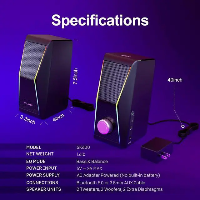 Alt view image 6 of 6 - Computer Speakers, Bluetooth 5.0 Hi-Fi Stereo PC Speakers, 4 Dynamic Lighting Modes, AC Adapter Powered and 3.5mm AUX-in Computer Speakers for Desktop PC, Monitor, Laptop, Tablet, Phone