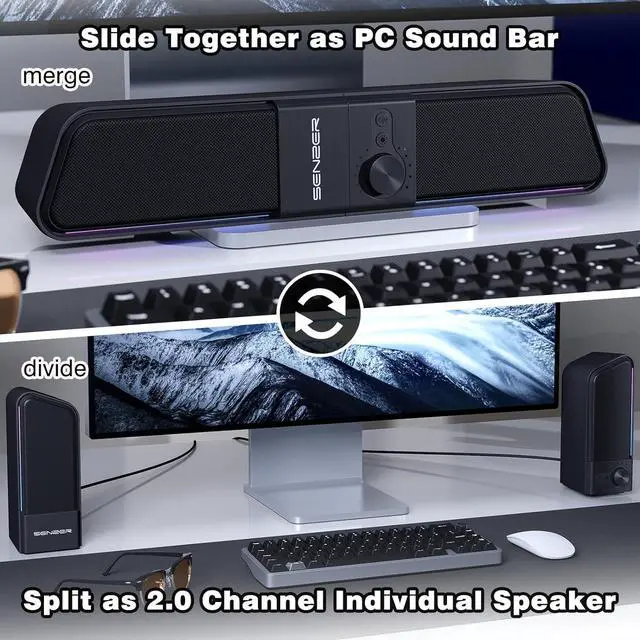 Alt view image 2 of 7 - CS20 Computer Speakers - Pc Speakers with Stereo Sound, Flowing LED & Volume Knob - Gaming SoundBar for Laptop Desktop Monitor(USB-Powered & Bluetooth)
