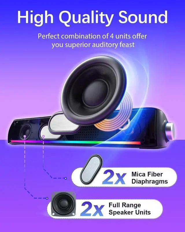 Alt view image 2 of 6 - Computer Speakers, Hi-Fi Sound Quality Computer Sound Bar, Bluetooth 5.0 & 3.5mm Wired PC Speakers with 4 Dynamic Lighting Modes, USB Powered Speakers for PC, Desktop, Laptops, Phones, Monitors, Xbox