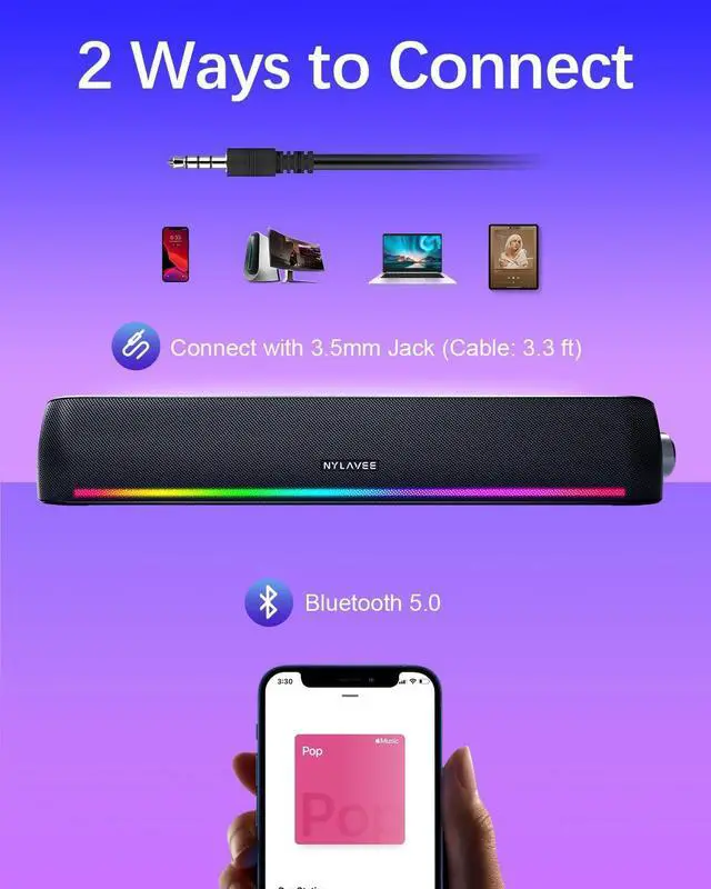 Alt view image 4 of 6 - Computer Speakers, Hi-Fi Sound Quality Computer Sound Bar, Bluetooth 5.0 & 3.5mm Wired PC Speakers with 4 Dynamic Lighting Modes, USB Powered Speakers for PC, Desktop, Laptops, Phones, Monitors, Xbox