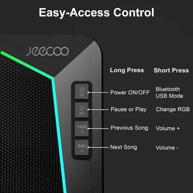 Alt view image 4 of 7 - Jeecoo M30 Bluetooth Computer Speakers, RGB PC Gaming Speakers for Desktop with Crisp Stereo Sound, Dynamic LED Modes, Easy-Access Control, 10W - USB-Powered (Not 3.5mm Aux)