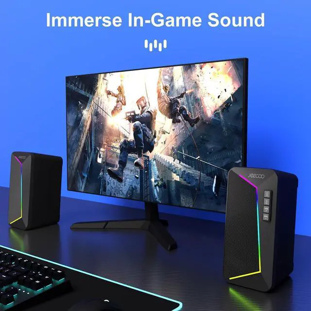 Alt view image 7 of 7 - Jeecoo M30 Bluetooth Computer Speakers, PC Gaming Speakers for Desktop with Crisp Stereo Sound, Dynamic LED Modes, Easy-Access Control, 10W - USB-Powered