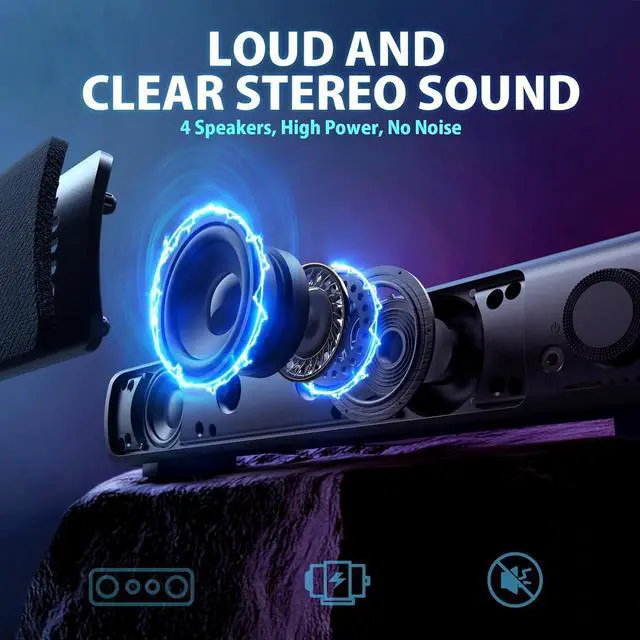 Alt view image 2 of 7 - Computer Speakers, USB Powered 3.5mm AUX PC Sound Bar for Desktop Monitor, Gaming Speakers with Headphones & Microphone Link, Superb Stereo Sound, Plug-n-Play (Black)