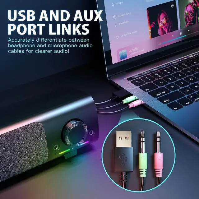 Alt view image 3 of 6 - Computer Speakers, USB Powered 3.5mm AUX PC Sound Bar for Desktop Monitor, Gaming Speakers with Headphones & Microphone Link, Superb Stereo Sound, Plug-n-Play (Black)