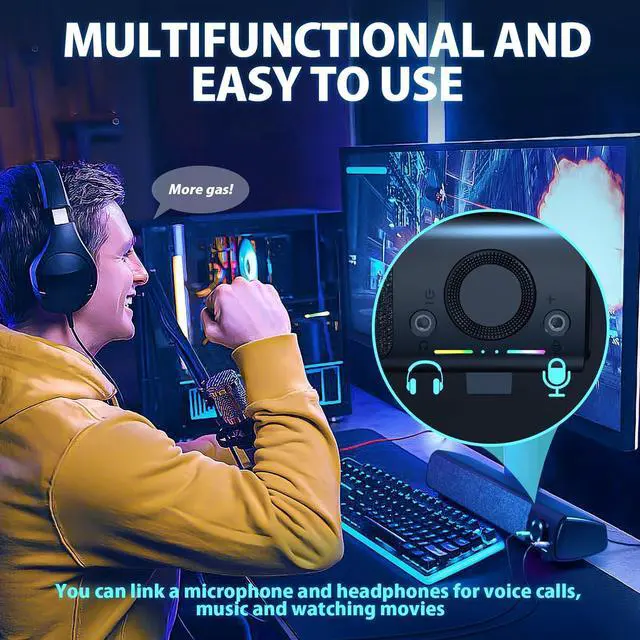 Alt view image 4 of 7 - Computer Speakers, USB Powered 3.5mm AUX PC Sound Bar for Desktop Monitor, Gaming Speakers with Headphones & Microphone Link, Superb Stereo Sound, Plug-n-Play (Black)