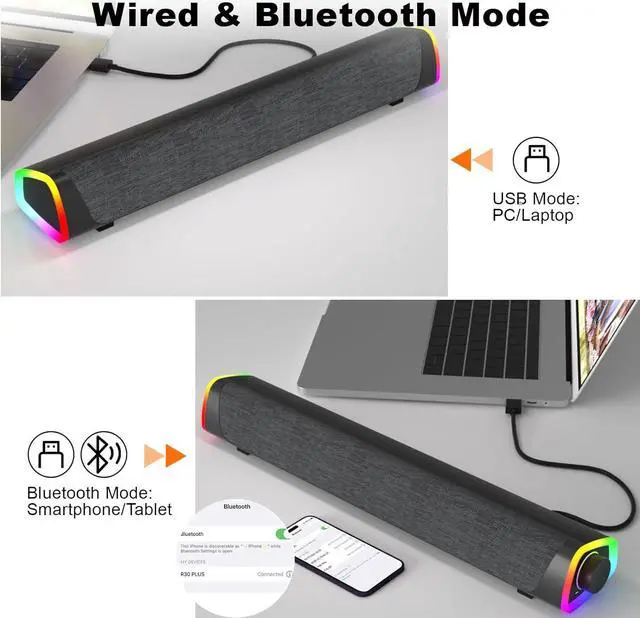 Alt view image 4 of 7 - SOULION R30 Plus Bluetooth Computer Speakers for PC Desktop, All-in-one Control Button with 6 Modes LED Lights, Wired USB Powered Sound Bar, Surround Sound Portable SoundBar for Monitor Laptop Phone
