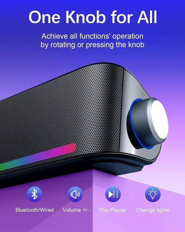 Alt view image 5 of 6 - Computer Speakers, Hi-Fi Sound Quality Computer Sound Bar, Bluetooth 5.0 & 3.5mm Wired PC Speakers with 4 Dynamic Lighting Modes, USB Powered Speakers for PC, Desktop, Laptops, Phones, Monitors, Xbox