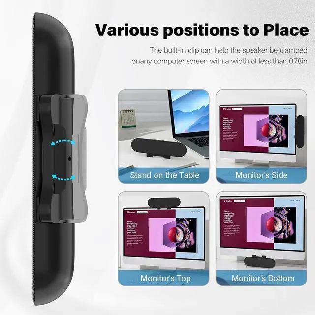 Alt view image 3 of 7 - Computer Speakers for Desktop Monitor,Single USB Speakers for Desktop PC,Laptop Speaker with Loud Sound,Volume Control Easily Clamps to Monitors(USB-C to USB Adapter Included) (Black)