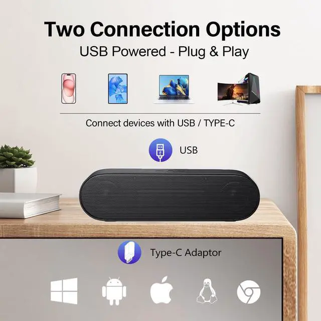 Alt view image 2 of 7 - ZETIY Updated Computer Speaker, USB Powered Speaker for Desktop,Windows PC,Mac. Portable Mini Sound bar-Plug and Play with Volume Control and Mute Button (USB-C to USB Adapter Included)