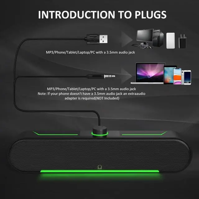 Alt view image 4 of 7 - Computer Speakers for Desktop PC Laptop - Wired USB-Powered Sound bar with Clear Sound and Plug-n-Play Convenience, Black