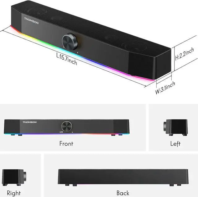 Alt view image 7 of 7 - Thomson Computer Speakers, Bluetooth Computer SoundBar, Dynamic RGB PC Speakers with 10W Stereo Sound, 3.5mm Aux-in Connection, USB Powered Computer Speakers for PC, Desktop Monitor, Laptop, Tablets
