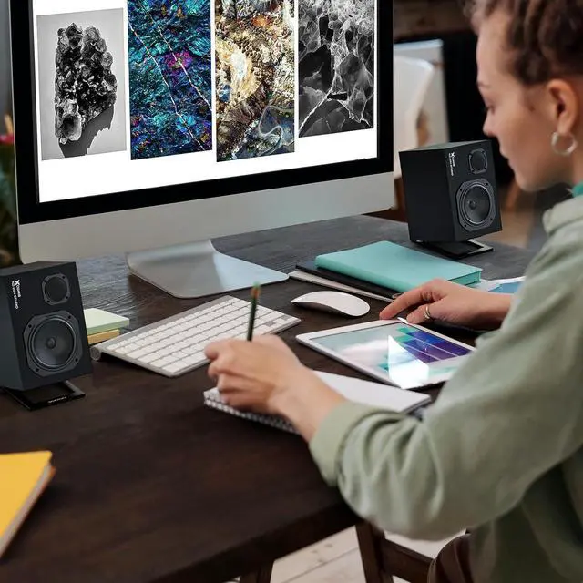 Alt view image 6 of 7 - C-1 Desktop Speaker Stands for Small SpeakersTilted Tabletop Steel Computer Speaker Stands(Pair)L15.2 x W11.4 x H3.8 Centimetres (Black)