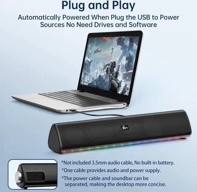 Alt view image 5 of 7 - Bluetooth Computer Speakers for Desktop, 20W Stereo Sound, 3.5 mm Aux-in Connection, Wireless Battery Powered PC Speakers for Laptop, Tablet, Gaming