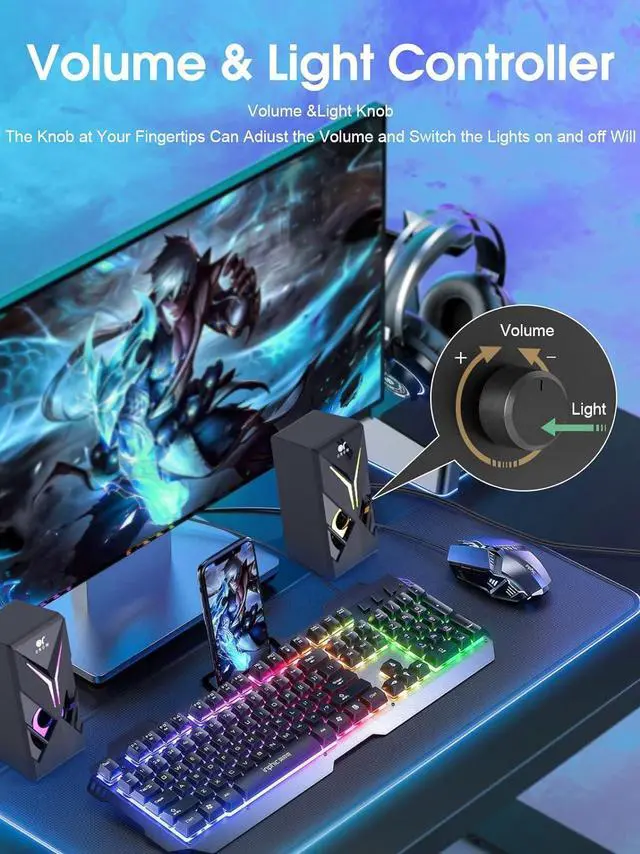 Alt view image 5 of 6 - OROW 10W RGB Computer Speakers with Volume Control, Colorful LED Gaming Speakers for PC/Desktop/Laptop/Monitor, 3.5mm Aux Input, Lights On/Off Option (S201)