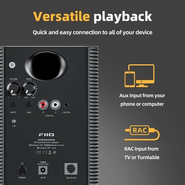 Alt view image 6 of 7 - FiiO SP3 Powered HiFi Active Desktop Speakers - 80W Stereo Computer Speakers and Home Music Sound System with AUX Audio/RCA, 2-Way (Black)