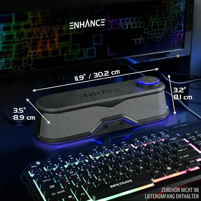Alt view image 2 of 7 - ENHANCE SB1 Computer Speakers High Excursion Soundbar - USB Powered Computer Sound Bar, Under Monitor Speaker with 10W Peak, LED Volume Control Knob, Headset Pass Through, Gaming Soundbar for PC