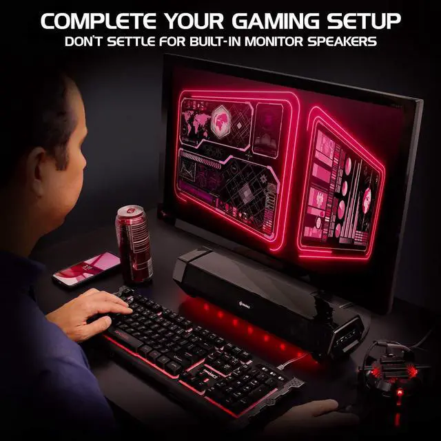 Alt view image 7 of 7 - Gaming Computer Speakers Sound Bar - Under Monitor Soundbar LED Speaker with 40W Peak Power, 3 Color Modes, Dual Inputs for PC, Laptop, Monitor, or Phone AUX PC Accessories by DT