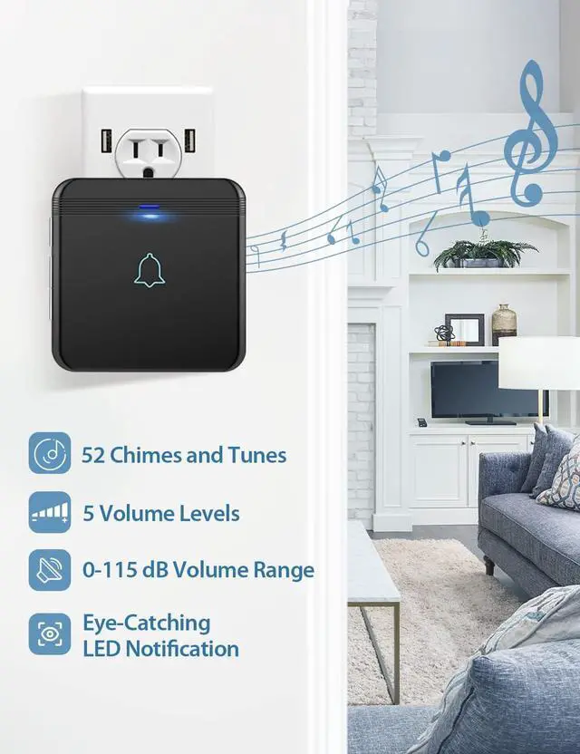 Alt view image 2 of 7 - AVANTEK Wireless Doorbell, D-3B Waterproof Door Chime Kit Operating at over 1300 Feet with 2 Plug-In Receivers, 52 Melodies, CD Quality Sound and LED Flash