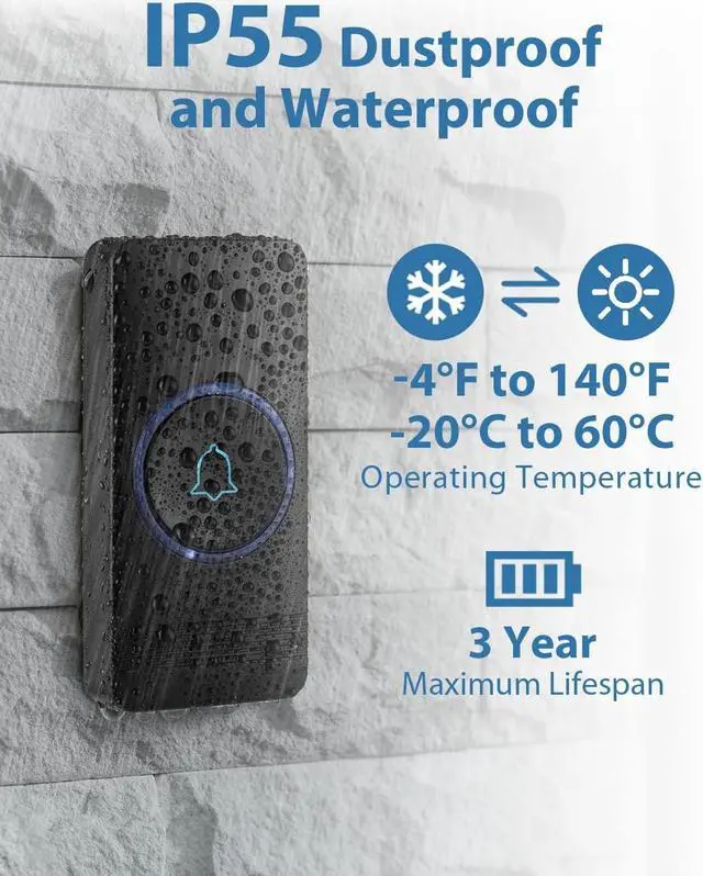 Alt view image 4 of 7 - AVANTEK Wireless Doorbell, D-3B Waterproof Door Chime Kit Operating at over 1300 Feet with 2 Plug-In Receivers, 52 Melodies, CD Quality Sound and LED Flash