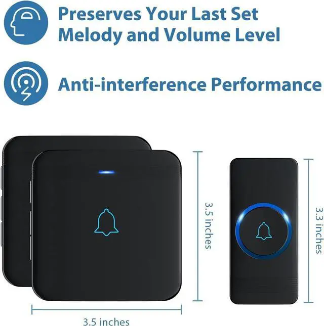 Alt view image 5 of 7 - AVANTEK Wireless Doorbell, D-3B Waterproof Door Chime Kit Operating at over 1300 Feet with 2 Plug-In Receivers, 52 Melodies, CD Quality Sound and LED Flash