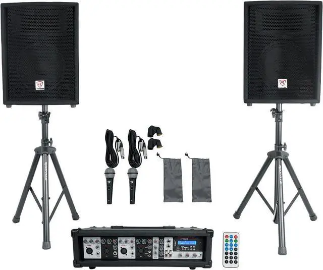 Main image of Rockville RPG2X10 V2 10 in Package PA System 200W RMS / 800W Peak, 4-Channel Powered Mixer with Bluetooth, 2 Speakers, 2 Stands, 2 RMM-XLR Mics, USB SD MP3, for DJ Karaoke Events