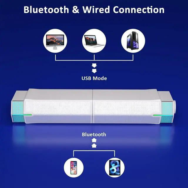 Alt view image 6 of 7 - Jeecoo M20 Bluetooth Computer Speakers for PC Desktop Monitor, Gaming PC Sound Bar - Wired USB-Powered, Superb Stereo Sound, with LED Lighting, White