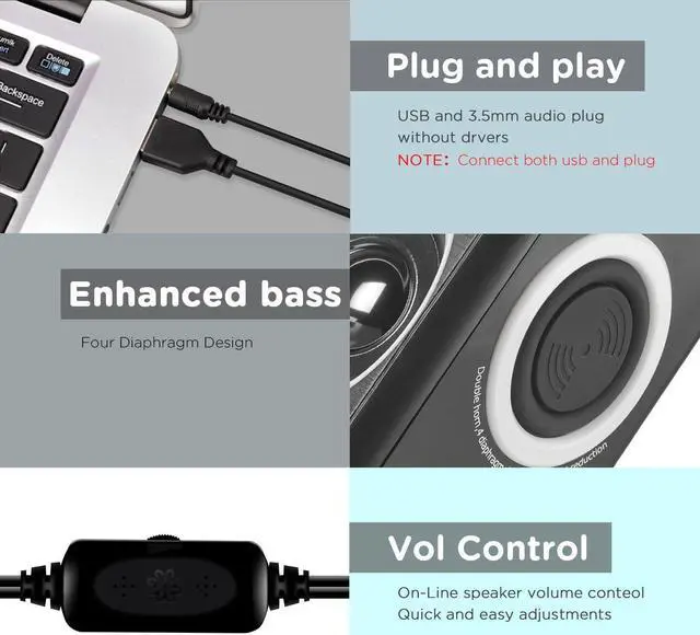 Alt view image 4 of 7 - Computer Speakers with Surround Sound 2.0CH USB Wired Powered Multimedia Speaker for Desktop/TV/PC/Laptops/Smart Phone Built-in Four Loudspeaker Diaphragm (Gray)