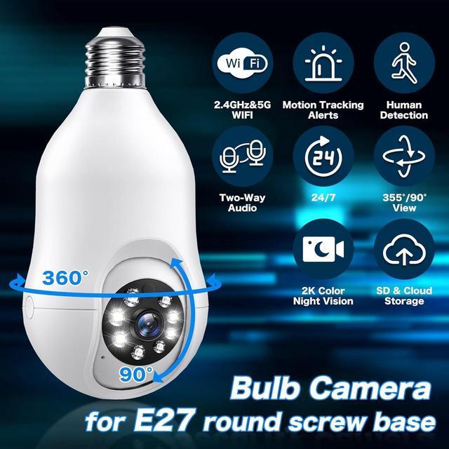 Alt view image 2 of 7 - Noahcam Light Bulb Security Cameras Wireless Outdoor 5g, 2K Lightbulb Cameras for Home Security Outside, Eagle Eye Camera 360 for E27 Light Skoct 24/7 Motion Detection Color Night Vsion 2 Pack