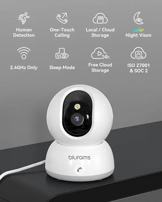 Alt view image 2 of 6 - blurams Indoor Security Camera, 2K Pet Camera with 64GB SD Card, Dog Camera with Phone App, Color Night Vision, One-Touch Call, AI Motion Detection, Work with Alexa(2.4GHz ONLY)