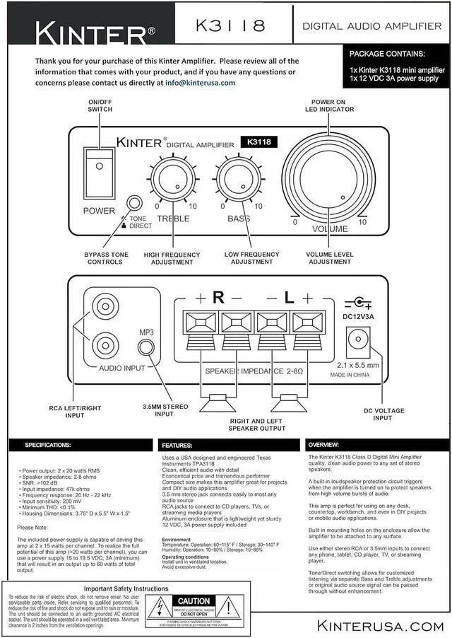 Alt view image 6 of 7 - Kinter K3118 Texas Instruments TI Digital Hi-Fi Audio Mini Class D Home Auto DIY Arcade Stereo Amplifier with 12V 3A Power Supply Black