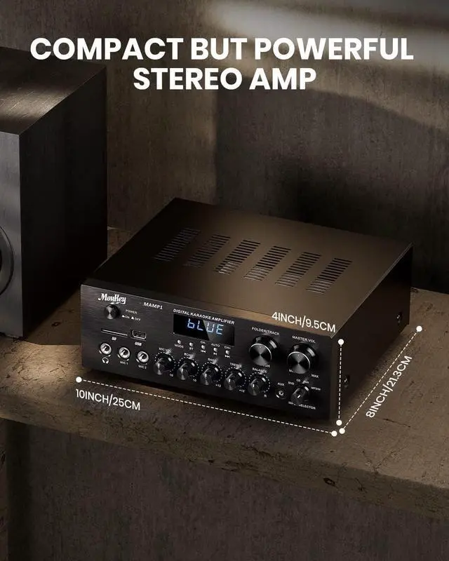 Alt view image 5 of 7 - Home Audio Amplifier Stereo Receivers with Bluetooth 5.0, 400W 2.0 Channel Power Amplifier Stereo System w/USB, SD, AUX, RCA, MIC in w/Echo, LED for Karaoke, Home Theater Speakers - MAMP1
