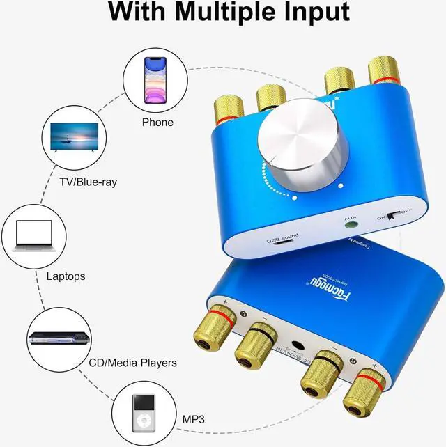 Alt view image 6 of 7 - Facmogu F900S Mini Bluetooth 5.0 Digital Amplifier, 2 Channel 80W+80W HiFi Stereo Audio Amp, USB Sound Card Stereo Audio Amp Receiver with AUX/USB/Bluetooth Input (No Power Supply)