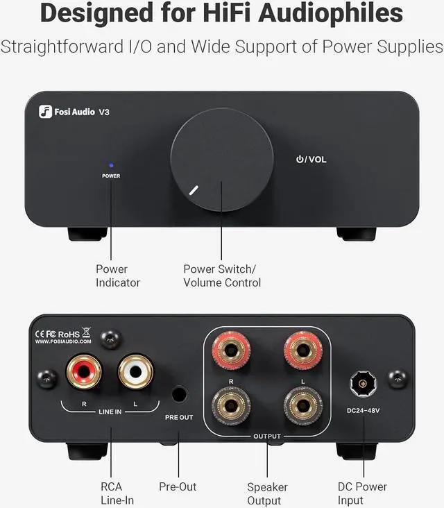 Alt view image 2 of 7 - Fosi Audio V3 Stereo Amplifier Home Audio 300 Watts x2 Power TPA3255 Class D Mini Speaker Amp 2 Channel Audio Component for Passive Bookshelf Tower Speakers Desktop Home Theater with 48V Power Supply