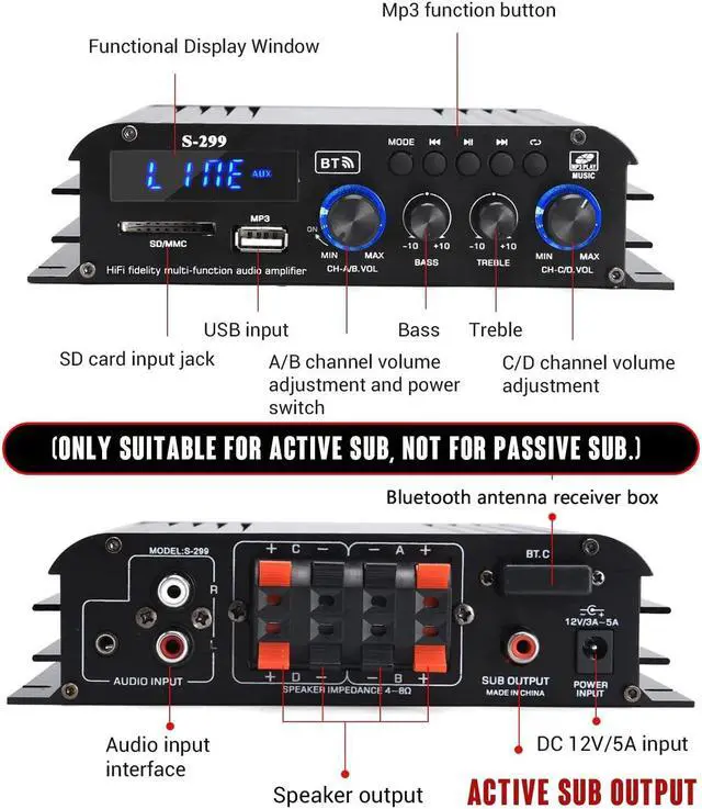 Alt view image 2 of 7 - S-299 4.1CH Bluetooth Power Amplifier with Active Subwoofer Output (NOT Passive Subwoofer), Max 800W RMS 40Wx4 Subwoofer Amplifier Hi-Fi Integrated Mini Speaker Amp Audio Sub Bass Amp