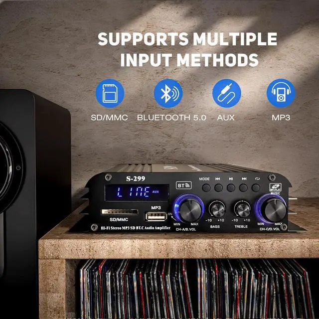 Alt view image 5 of 7 - S-299 4.1CH Bluetooth Power Amplifier with Active Subwoofer Output (NOT Passive Subwoofer), Max 800W RMS 40Wx4 Subwoofer Amplifier Hi-Fi Integrated Mini Speaker Amp Audio Sub Bass Amp