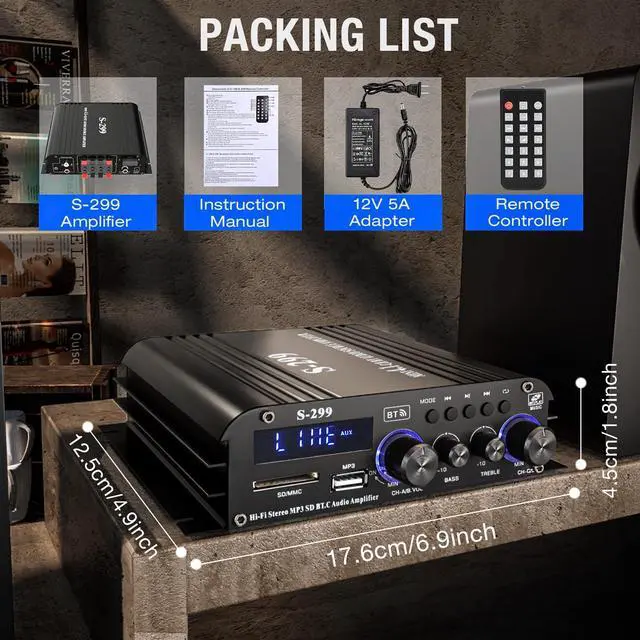 Alt view image 7 of 7 - S-299 4.1CH Bluetooth Power Amplifier with Active Subwoofer Output (NOT Passive Subwoofer), Max 800W RMS 40Wx4 Subwoofer Amplifier Hi-Fi Integrated Mini Speaker Amp Audio Sub Bass Amp