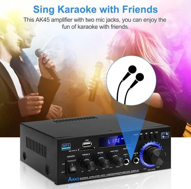 Alt view image 2 of 7 - Audio Amplifier Receivers-AK45 Bluetooth 5.0 HiFi Stereo Mini Power Amplifier RMS 40W x 2 Max. 400W 2.0 Channel Home Theater Audio Components Speakers Amp W/MIC,USB, RCA,FM Radio