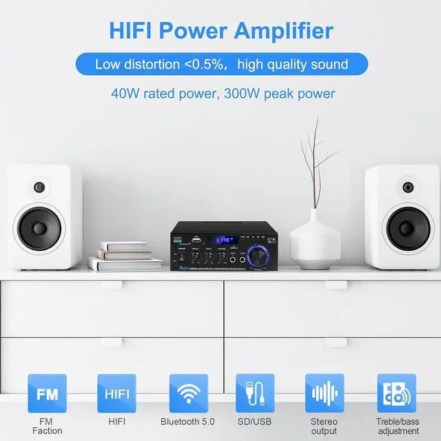 Alt view image 3 of 7 - Audio Amplifier Receivers-AK45 Bluetooth 5.0 HiFi Stereo Mini Power Amplifier RMS 40W x 2 Max. 400W 2.0 Channel Home Theater Audio Components Speakers Amp W/MIC,USB, RCA,FM Radio