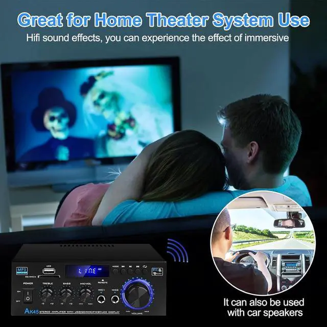 Alt view image 5 of 7 - Audio Amplifier Receivers-AK45 Bluetooth 5.0 HiFi Stereo Mini Power Amplifier RMS 40W x 2 Max. 400W 2.0 Channel Home Theater Audio Components Speakers Amp W/MIC,USB, RCA,FM Radio