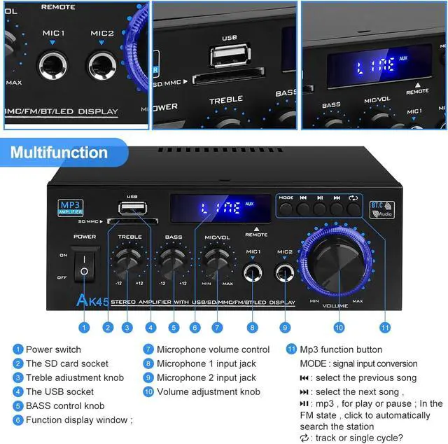 Alt view image 7 of 7 - Audio Amplifier Receivers-AK45 Bluetooth 5.0 HiFi Stereo Mini Power Amplifier RMS 40W x 2 Max. 400W 2.0 Channel Home Theater Audio Components Speakers Amp W/MIC,USB, RCA,FM Radio