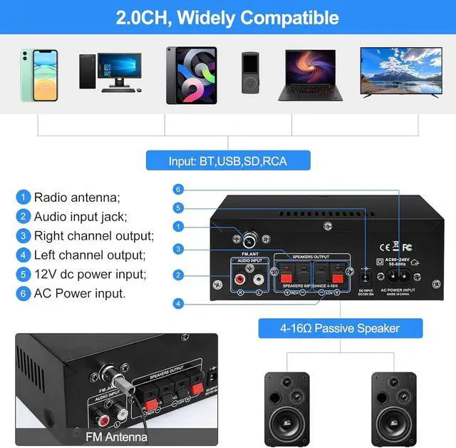 Alt view image 6 of 7 - Audio Amplifier Receivers-AK45 Bluetooth 5.0 HiFi Stereo Mini Power Amplifier RMS 40W x 2 Max. 400W 2.0 Channel Home Theater Audio Components Speakers Amp W/MIC,USB, RCA,FM Radio