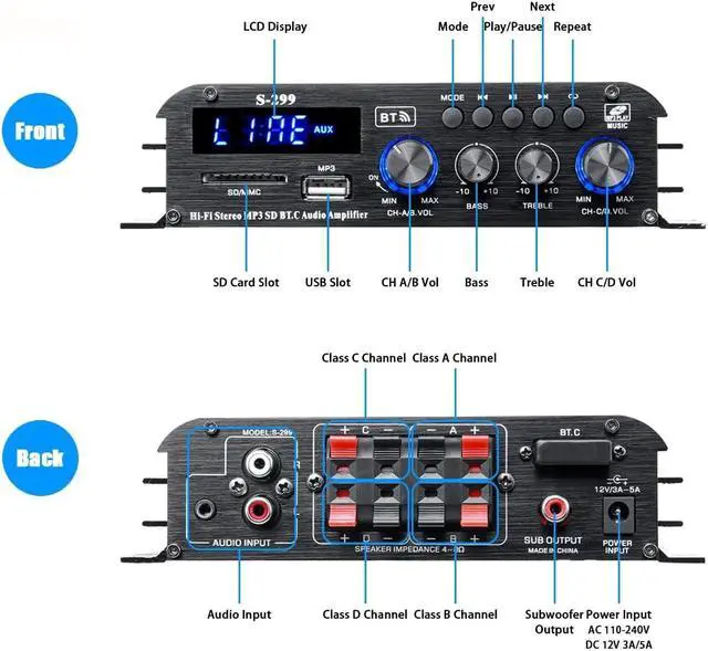 Alt view image 2 of 7 - 4.1 Channel Bluetooth 5.0 Mini Audio Amplifier Receiver, 4×50 W + Active Subwoofer SUB Jack Output  HiFi Car & Home Amplifier for Speaker