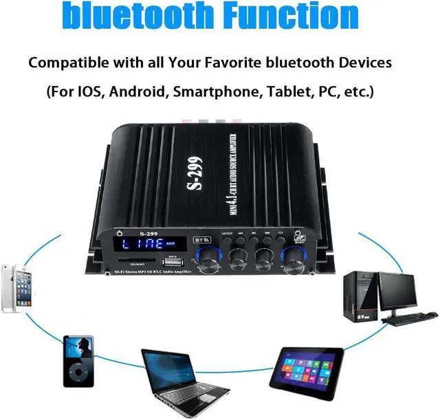 Alt view image 3 of 7 - 4.1 Channel Bluetooth 5.0 Mini Audio Amplifier Receiver, 4×50 W + Active Subwoofer SUB Jack Output  HiFi Car & Home Amplifier for Speaker