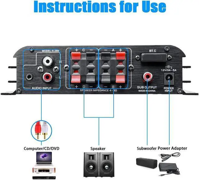 Alt view image 5 of 7 - 4.1 Channel Bluetooth 5.0 Mini Audio Amplifier Receiver, 4×50 W + Active Subwoofer SUB Jack Output  HiFi Car & Home Amplifier for Speaker