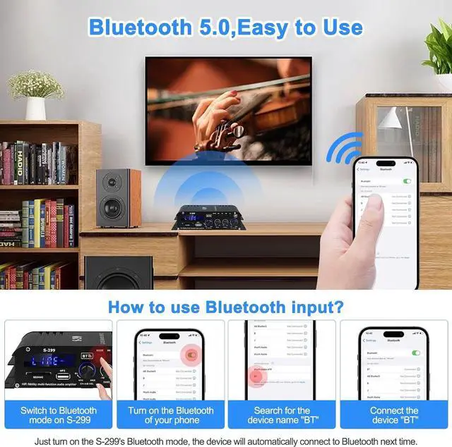 Alt view image 2 of 7 - Home Audio Amplifier S-299 Bluetooth 5.0 Power Amplifier Receiver 4.1 Channel RMS 40Wx4 Max.800W Output DC 12V/5A Subwoofer AMP Mini Stereo Integrated Home Speakers Amplifier with USB/SD & AUX Jack