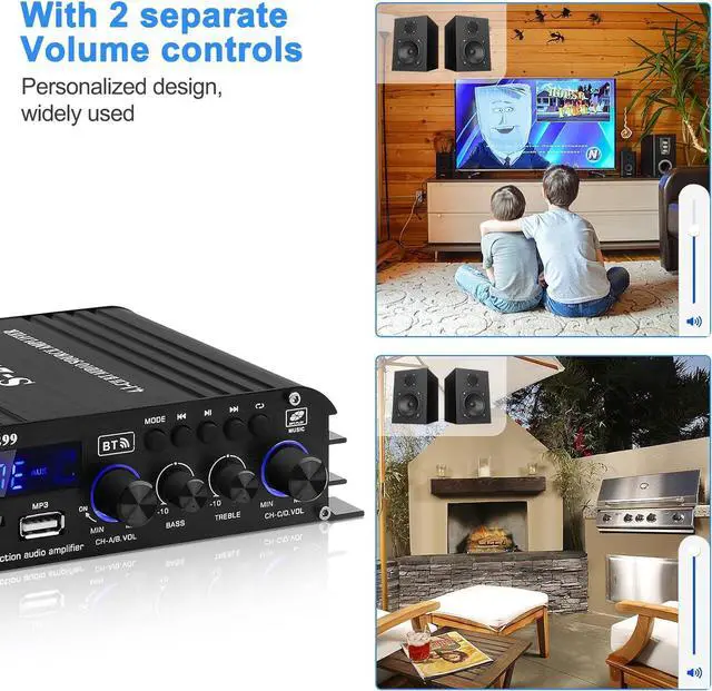 Alt view image 5 of 7 - Home Audio Amplifier S-299 Bluetooth 5.0 Power Amplifier Receiver 4.1 Channel RMS 40Wx4 Max.800W Output DC 12V/5A Subwoofer AMP Mini Stereo Integrated Home Speakers Amplifier with USB/SD & AUX Jack